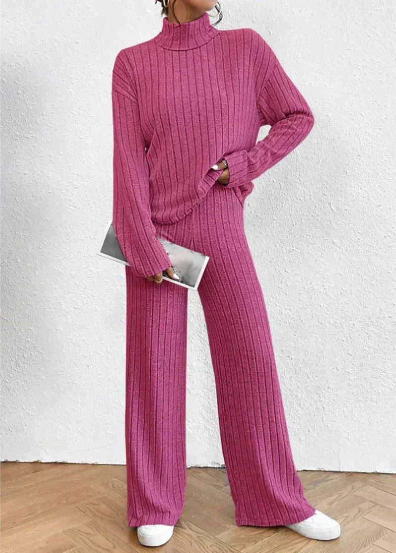 Women's Ribbed Turtleneck Sweater and Wide-Leg Pants Set