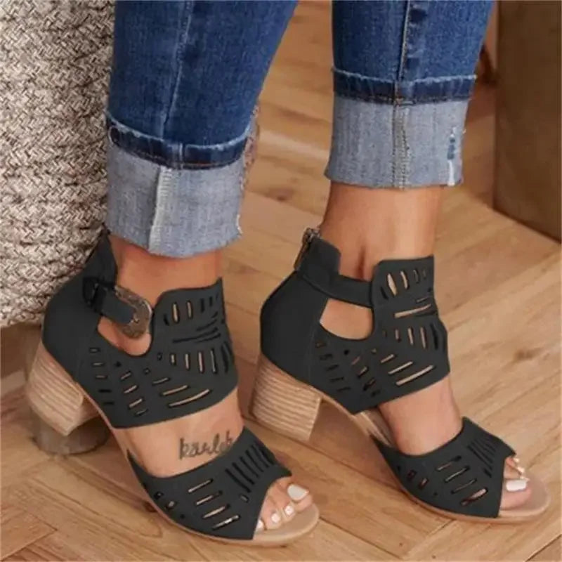 Women's Heeled Sandals with Ajour Pattern and Adjustable Ankle Strap