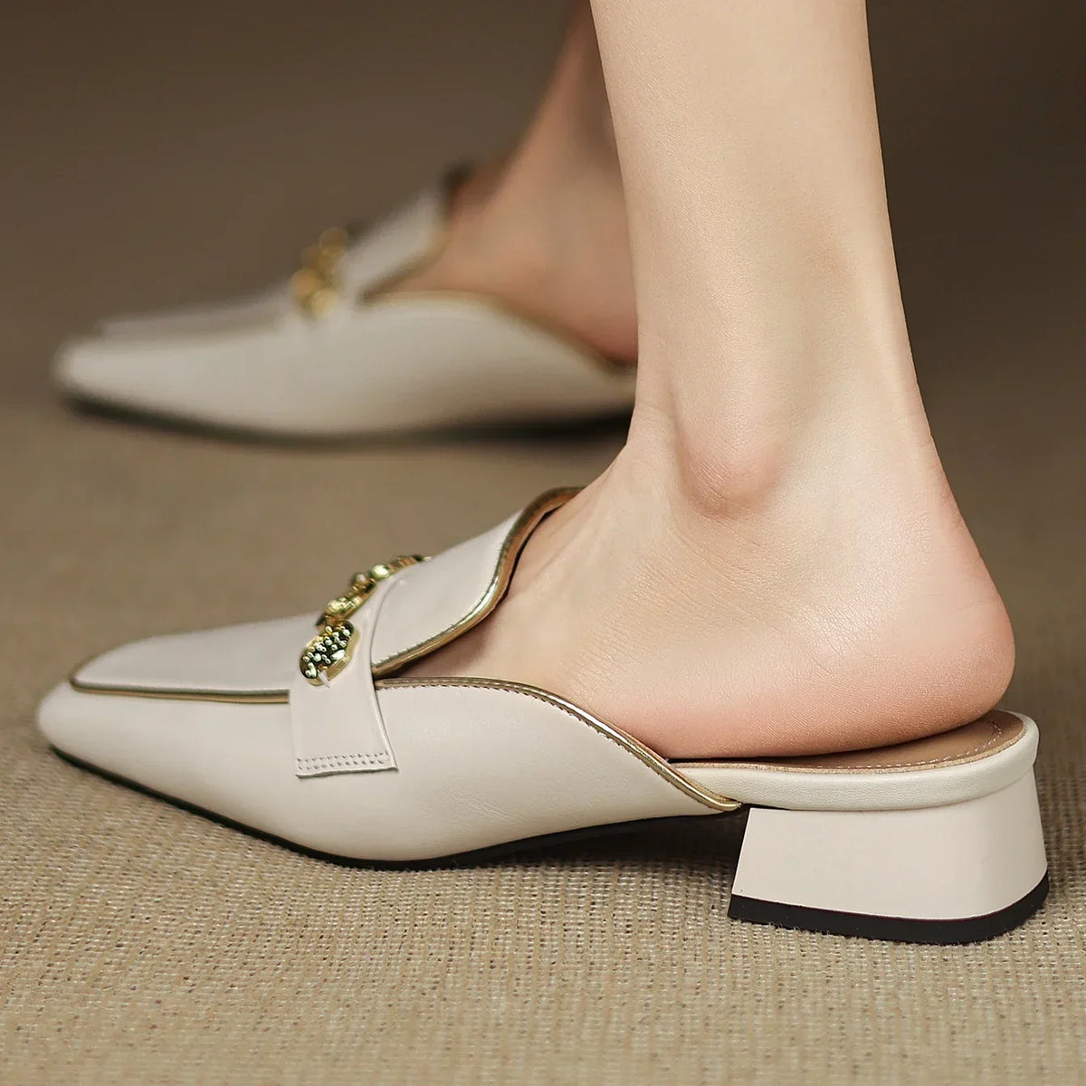 Women's Block Heel Mules with Gold-Tone Medallion Detail