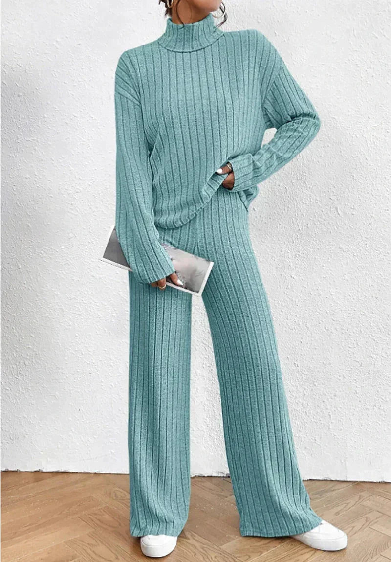 Women's Ribbed Turtleneck Sweater and Wide-Leg Pants Set