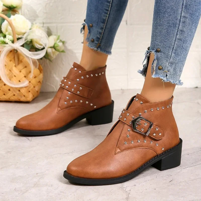 Women's Studded Ankle Boots with Block Heel and Buckle Strap