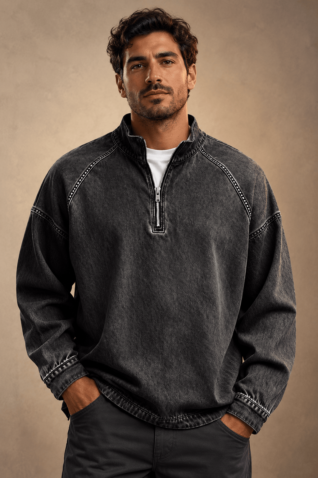 WASHED COTTON QUARTER ZIP FOR MEN