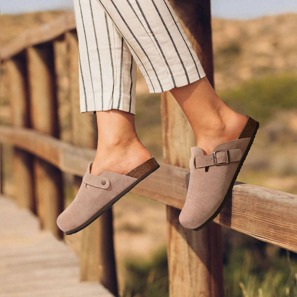 Women's Suede Sandals with Cork Sole and Decorative Buckle