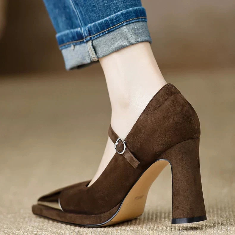 Women's Mary Jane High Heel Pumps with Patent Cap Toe and Block Heel
