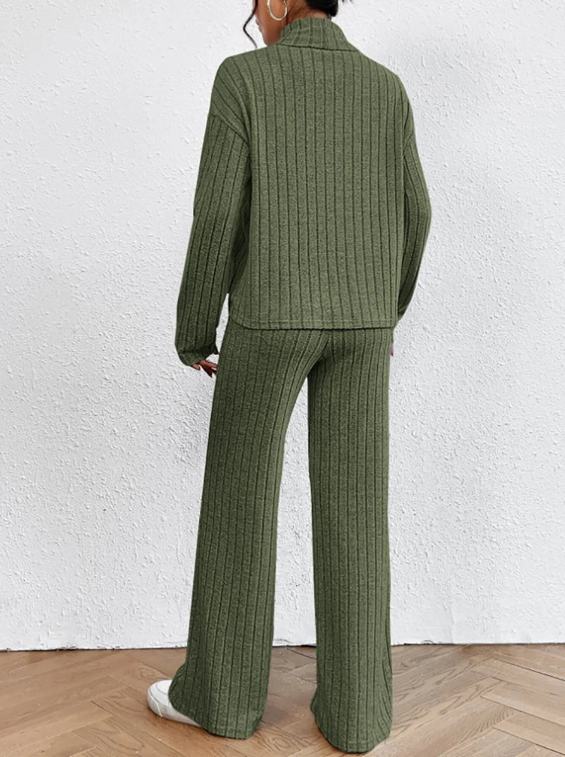 Women's Ribbed Turtleneck Sweater and Wide-Leg Pants Set