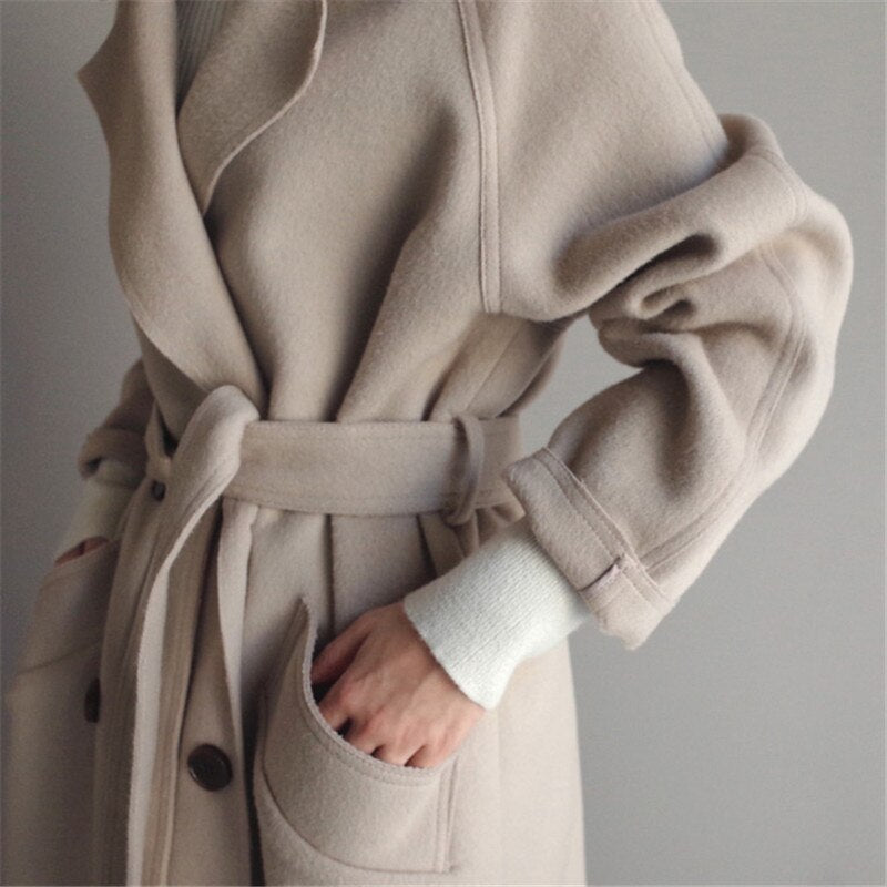 Women's Long Trench Coat Double-Breasted Notched Lapel