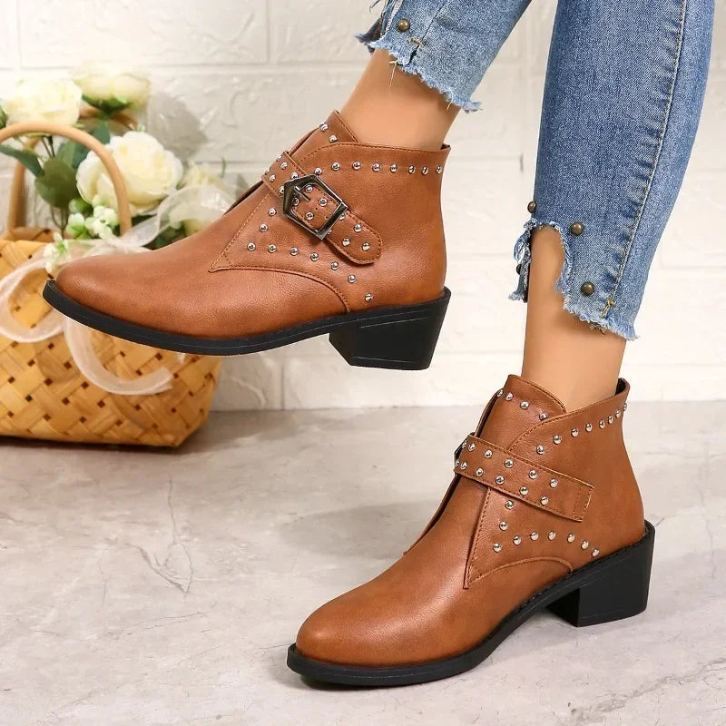 Women's Studded Ankle Boots with Block Heel and Buckle Strap