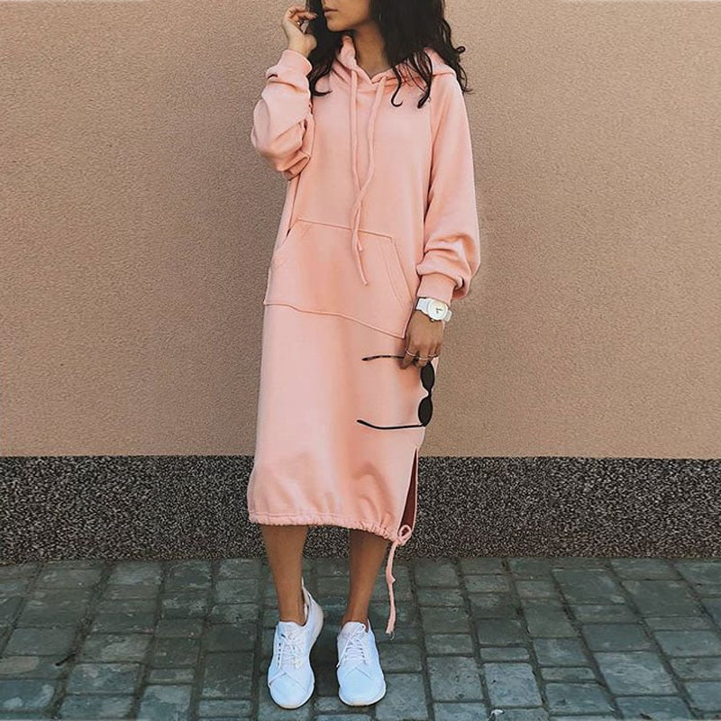 Women's Midi Hoodie Dress with Kangaroo Pocket Relaxed