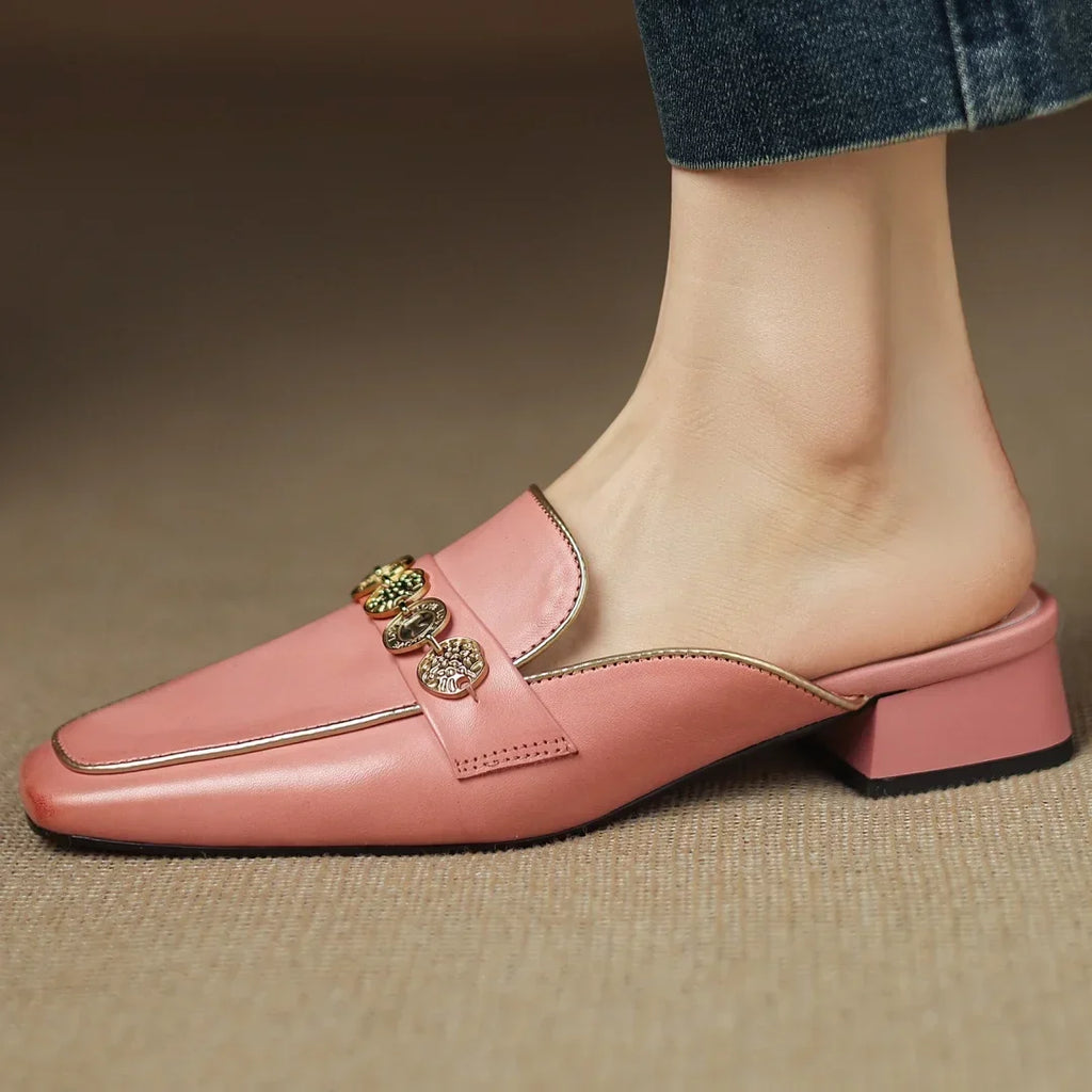 Women's Block Heel Mules with Gold-Tone Medallion Detail
