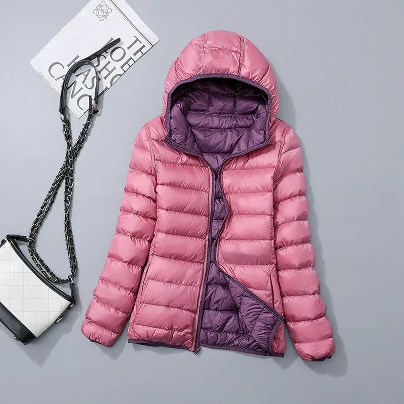 Women's Lightweight Hooded Puffer Jacket with Zipper Front