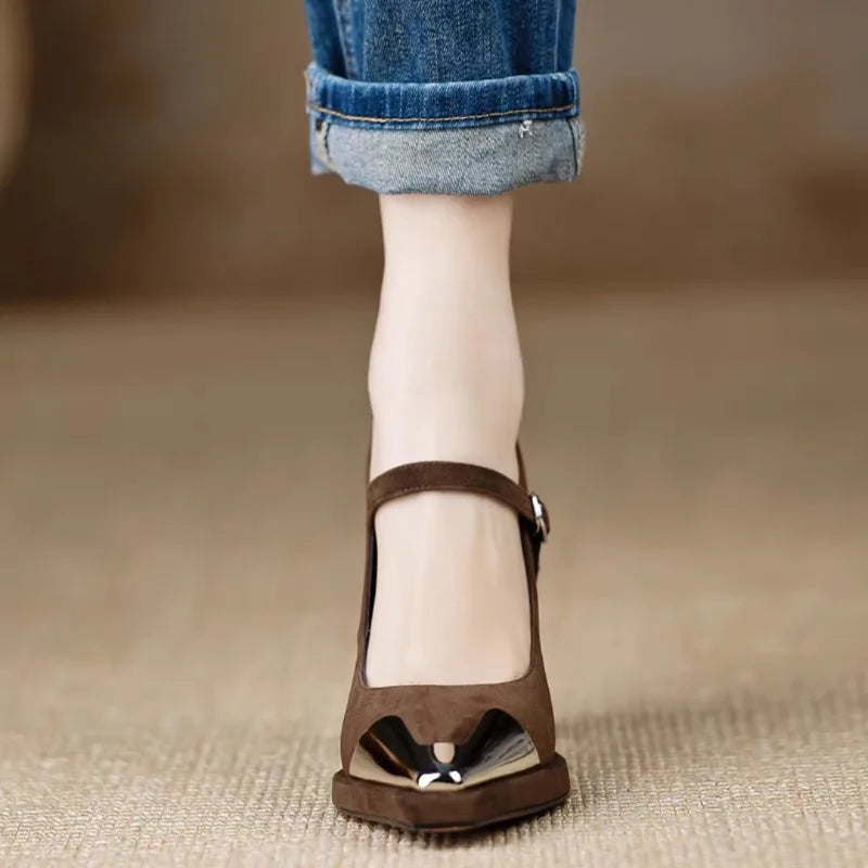 Women's Mary Jane High Heel Pumps with Patent Cap Toe and Block Heel