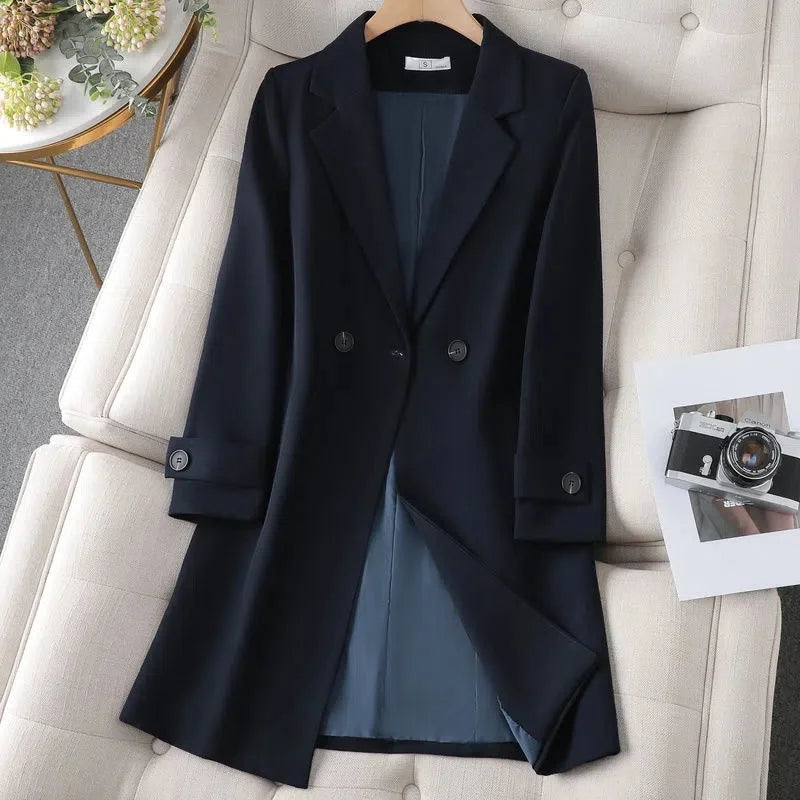 Women's Belted Blazer Coat with Collar and Button Detail
