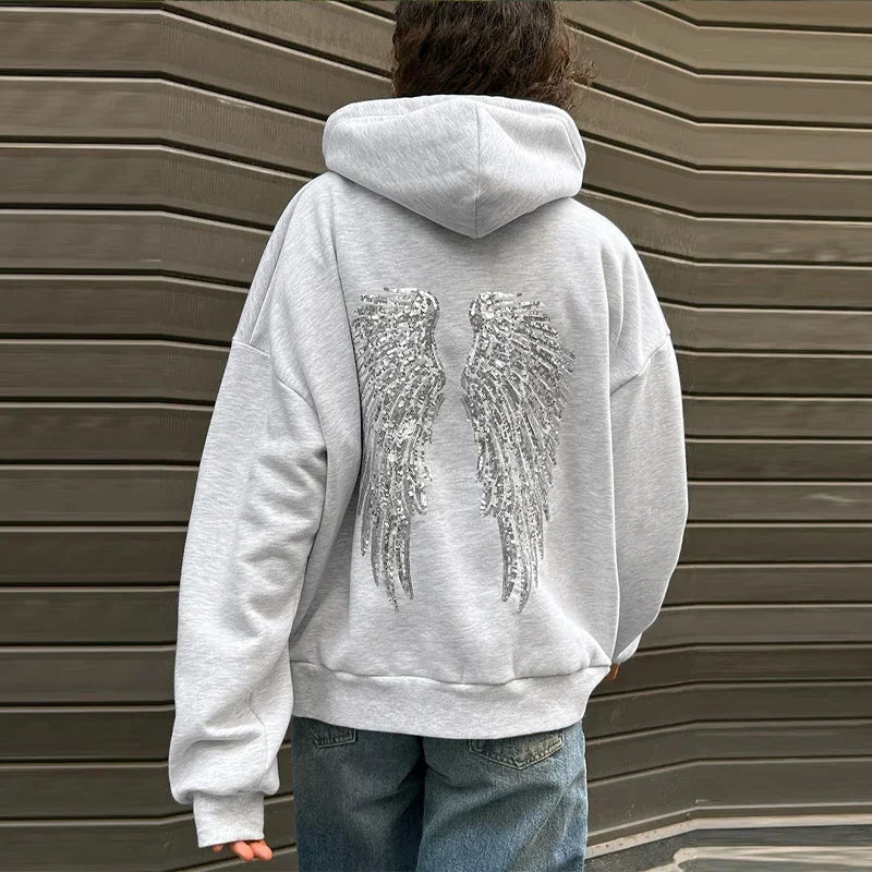 Women's Gray Hoodie with Sequin Wing Back Detail