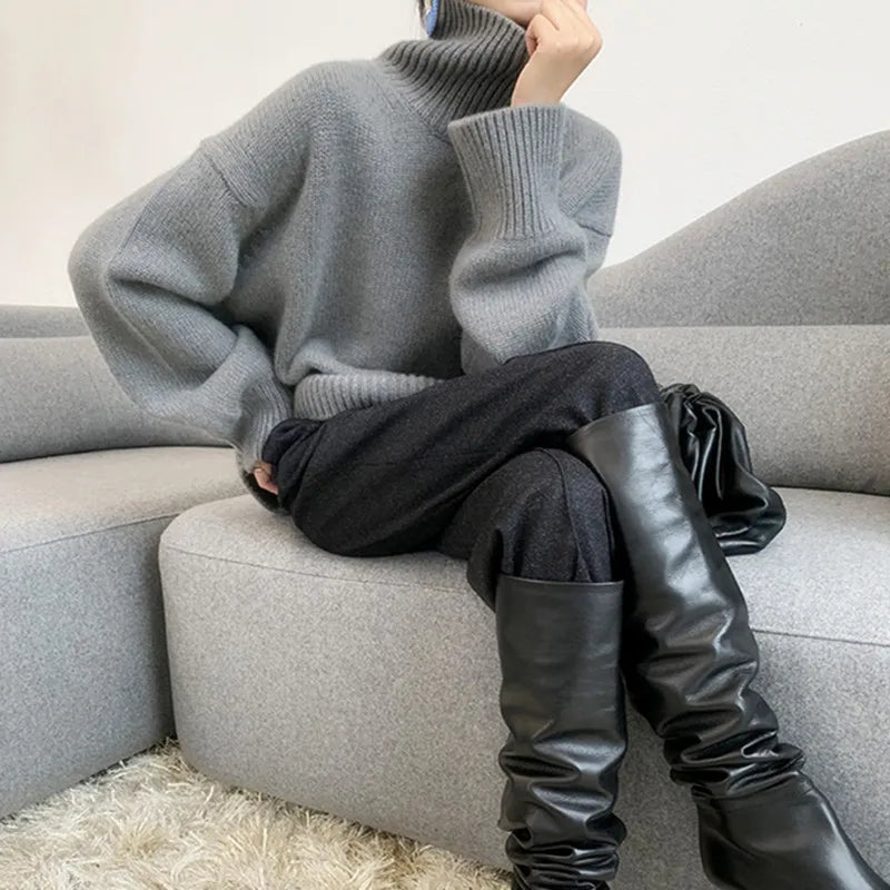 Women's Oversized Turtleneck Sweater Ribbed Collar
