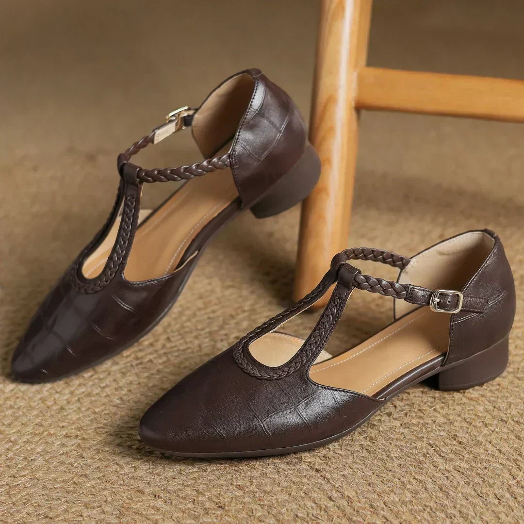 Women's Leather T-Strap Mary Jane Flats with Pointed Toe and Cushioned Sole