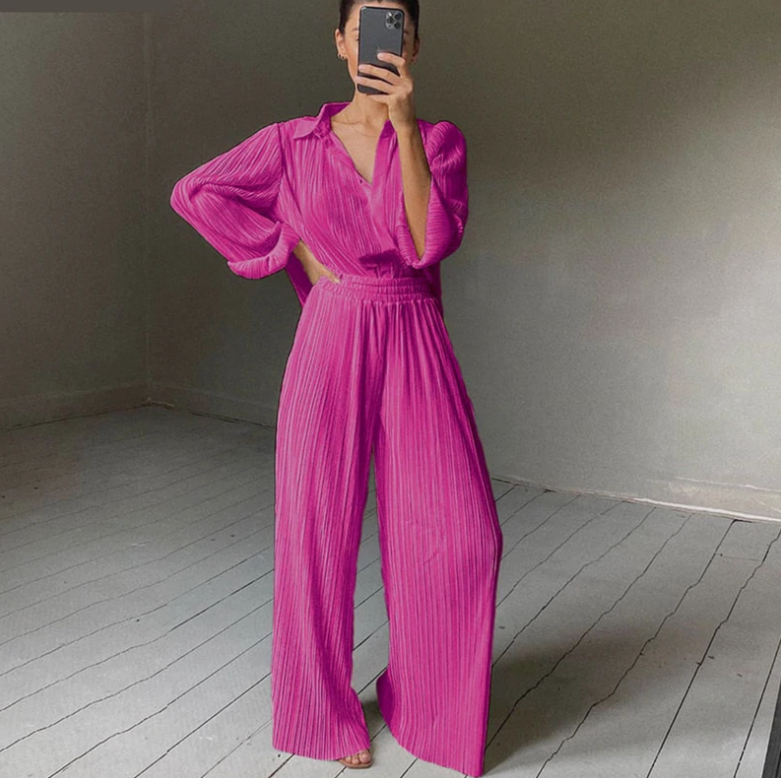 Women's Collared Button-Front Lounge Set with Wide Leg Pants