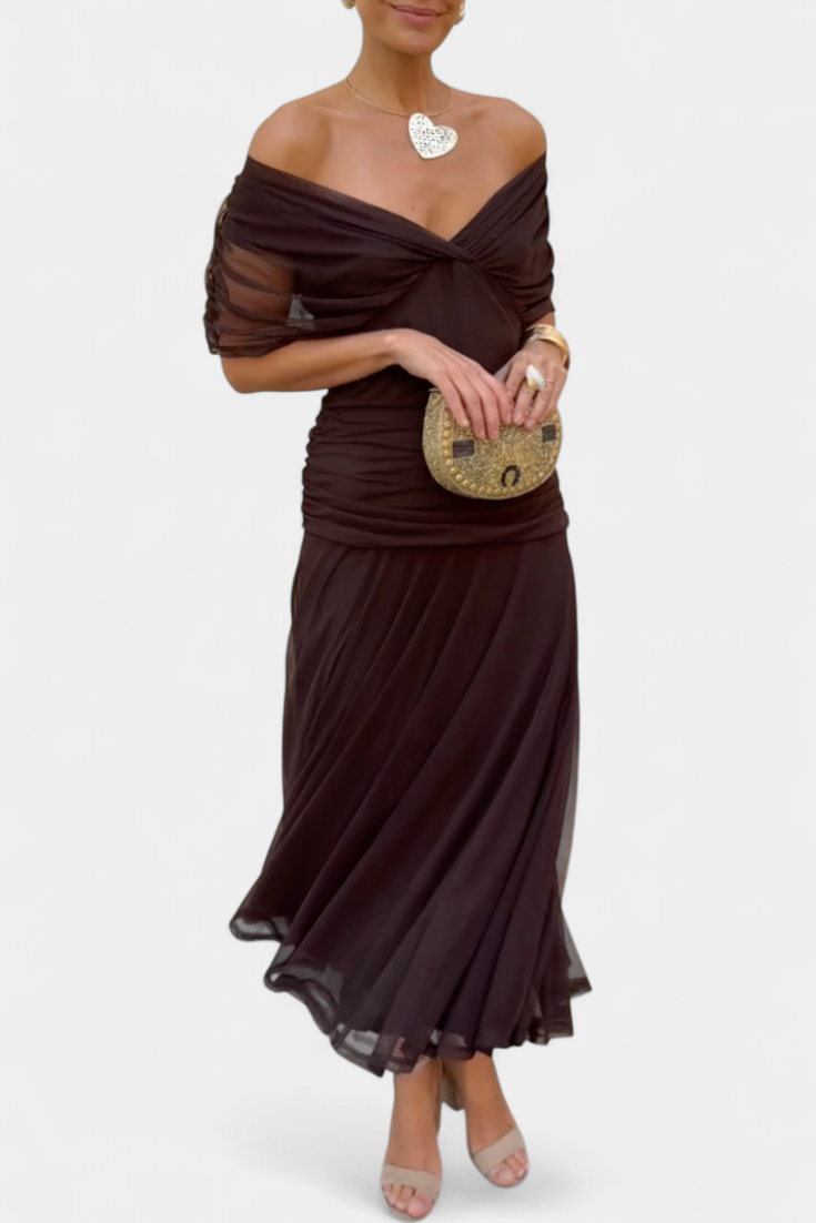 Women's Elegant Dress with V-Neckline and Pleated Waist