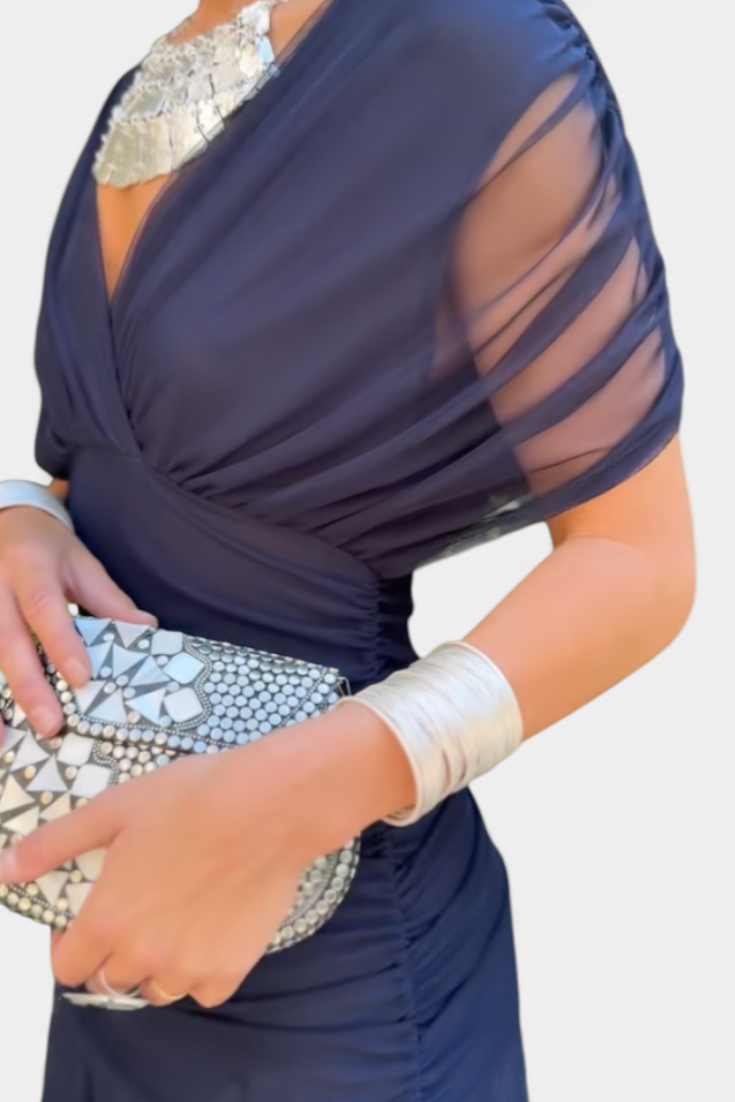 Women's Elegant Dress with V-Neckline and Pleated Waist