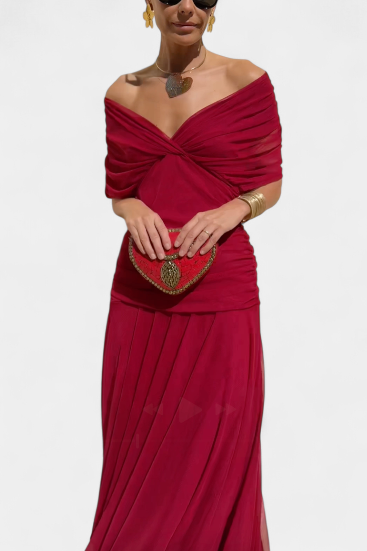 Women's Elegant Dress with V-Neckline and Pleated Waist