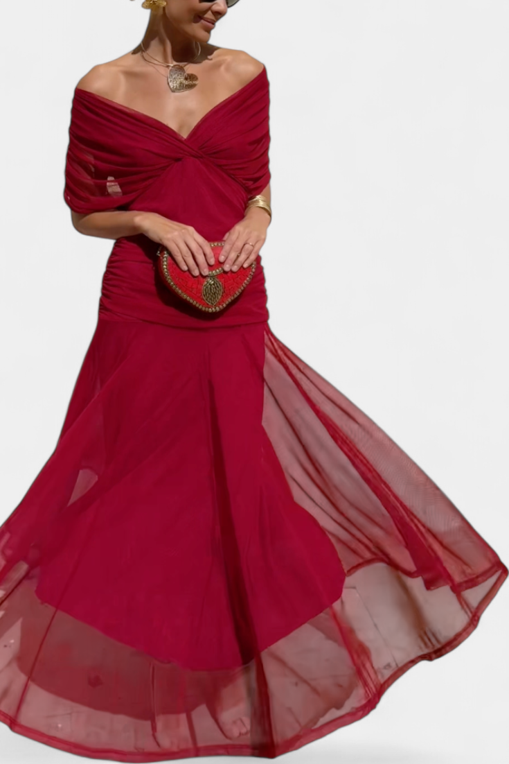 Women's Elegant Dress with V-Neckline and Pleated Waist