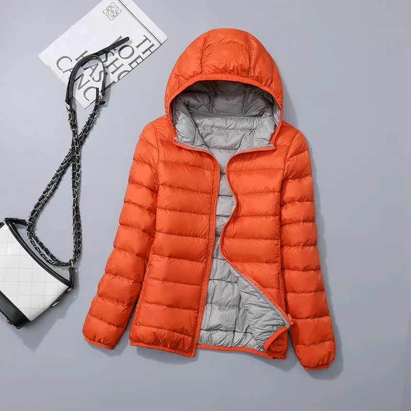 Women's Lightweight Hooded Puffer Jacket with Zipper Front