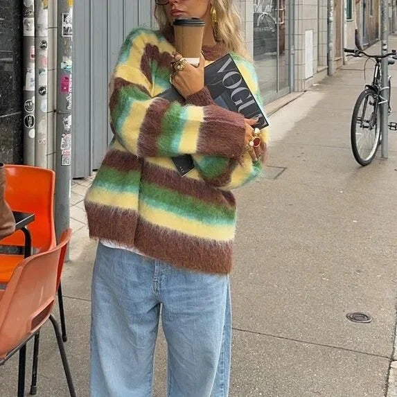 Women's Striped Crew Neck Sweater, Long Sleeves, Oversized Fit