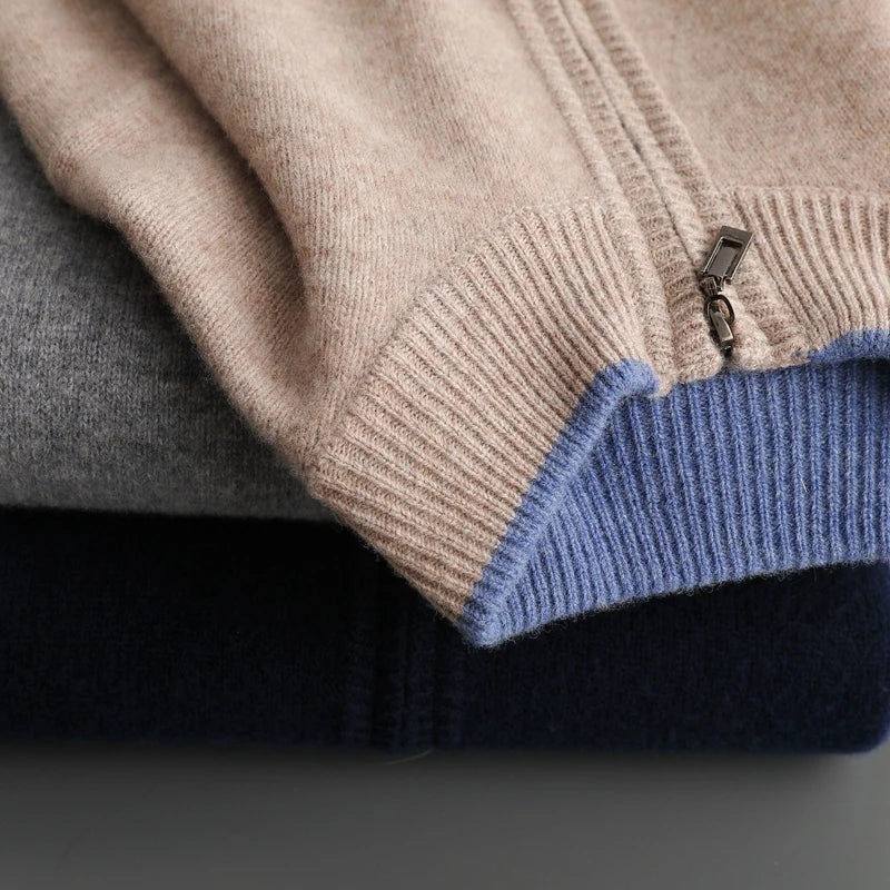 Unisex Knit Zip-Front Bomber Cardigan, Ribbed Collar