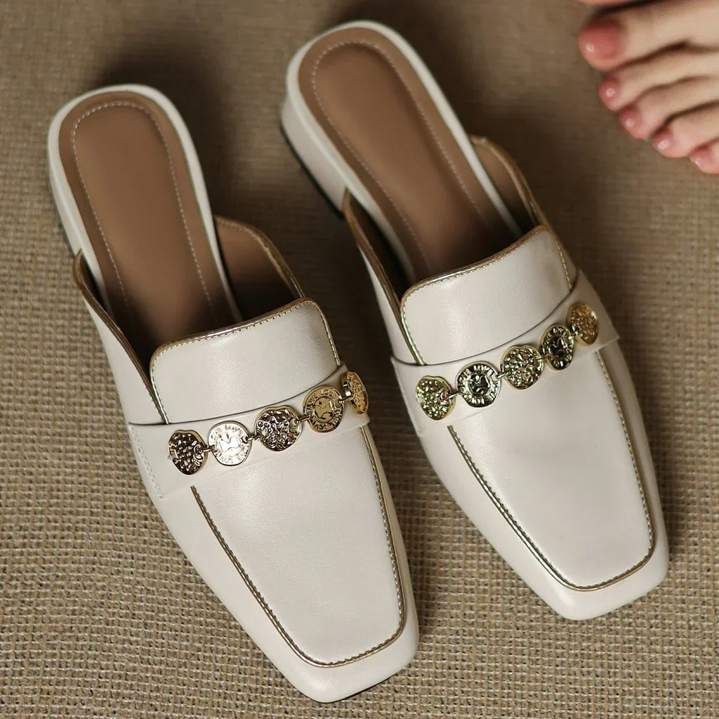 Women's Block Heel Mules with Gold-Tone Medallion Detail