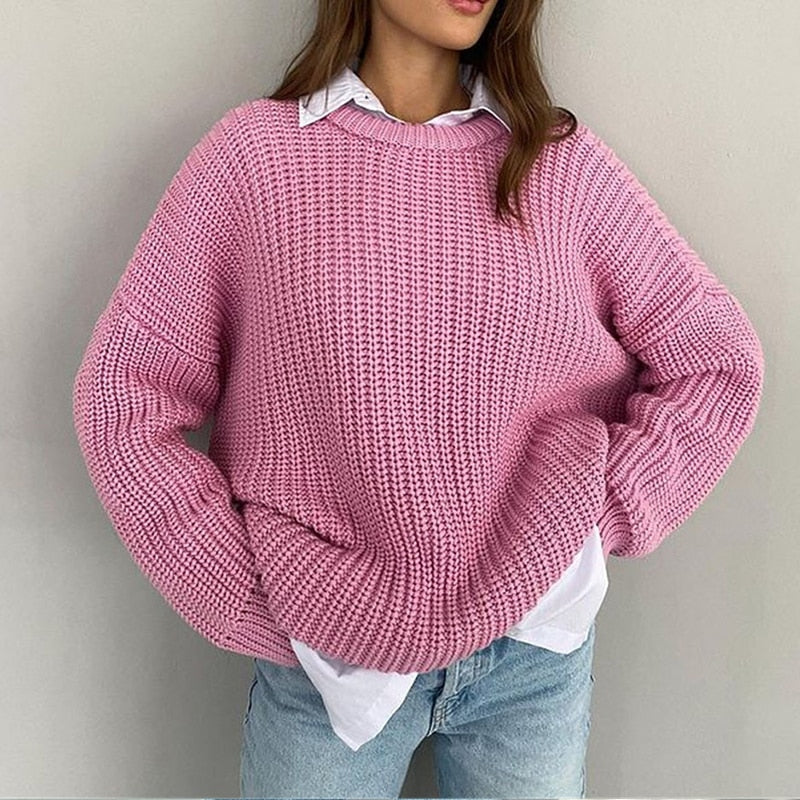 Women's Oversized Crew Neck Sweater with Layering Detail