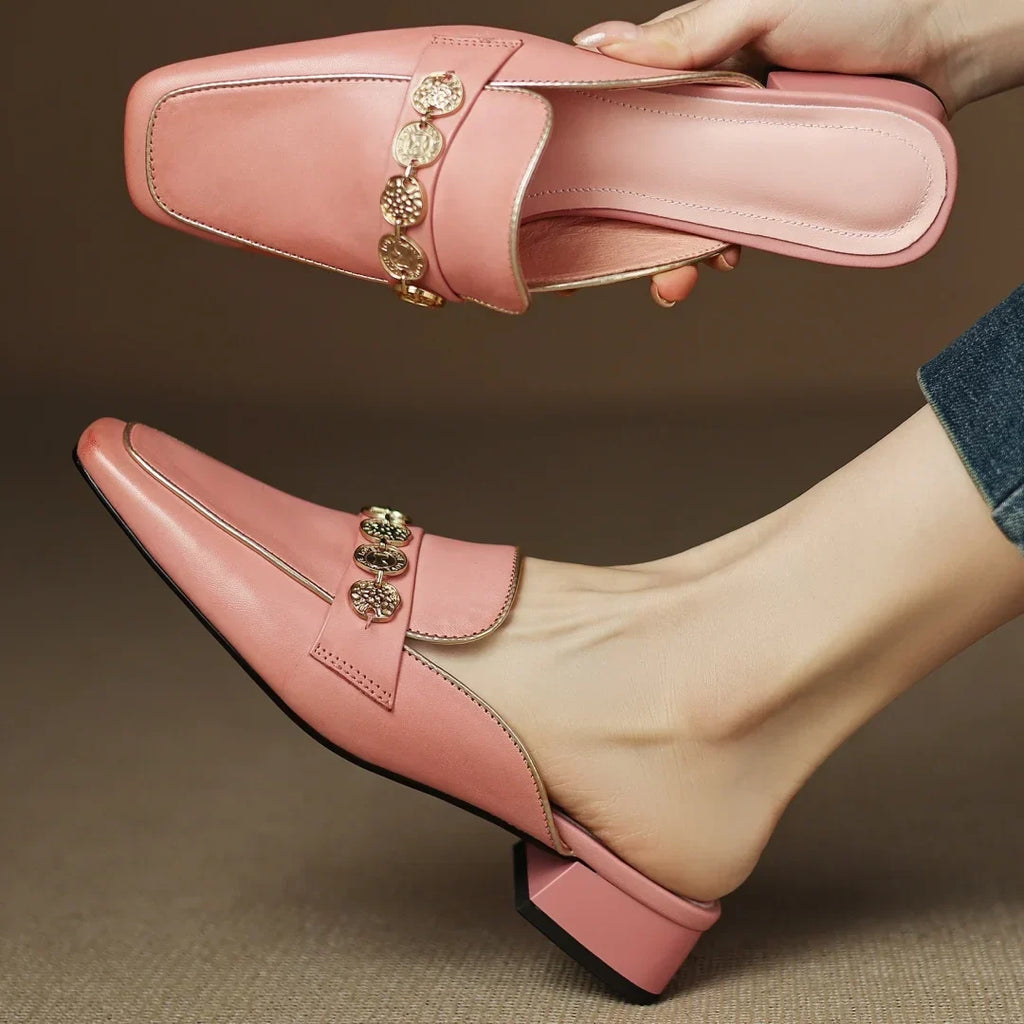 Women's Block Heel Mules with Gold-Tone Medallion Detail