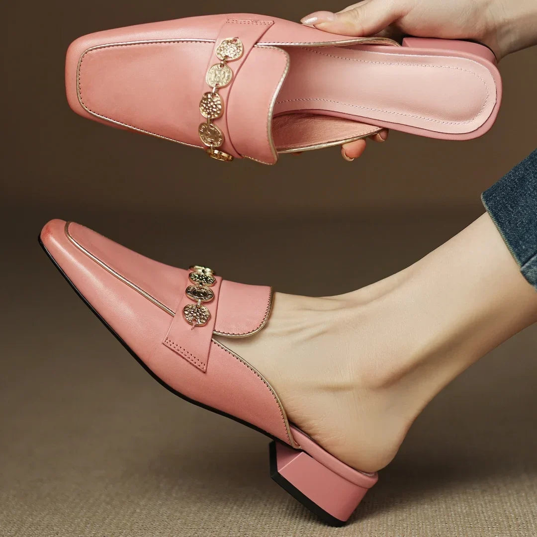 Women's Block Heel Mules with Gold-Tone Medallion Detail