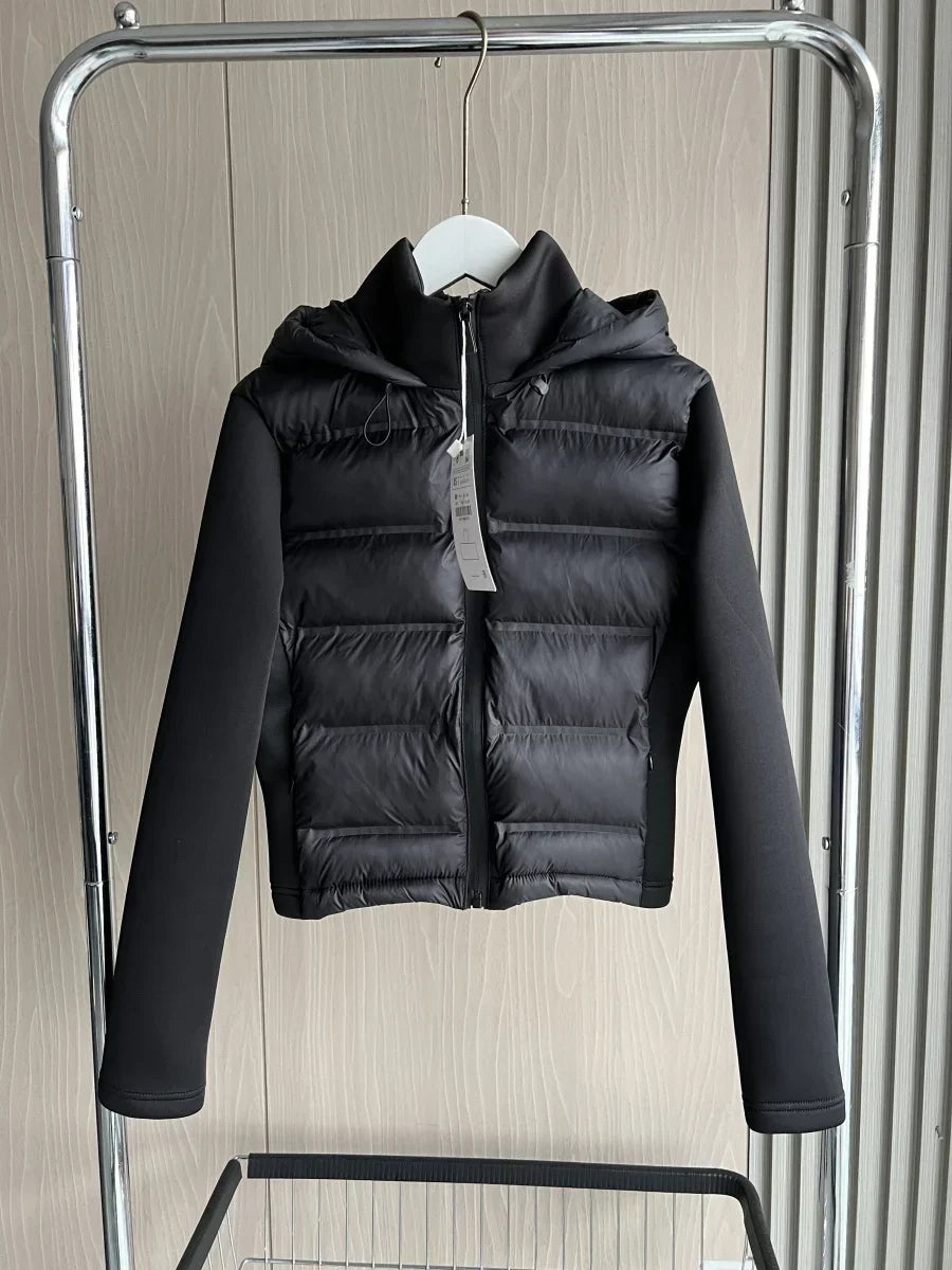 Women's Black Hooded Puffer Jacket, Cropped, Fitted, Zip