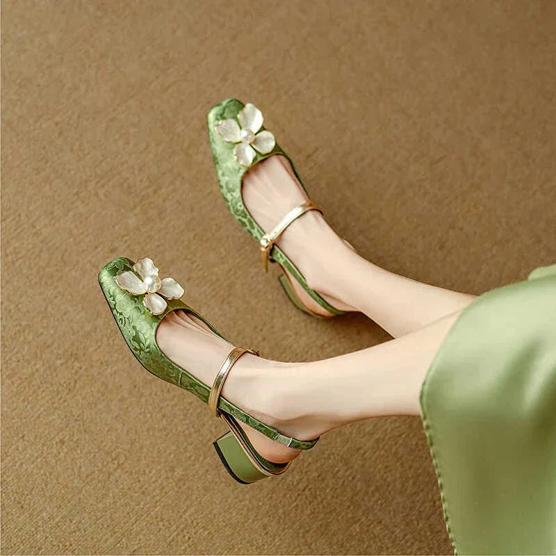 Women's Floral Mary Jane Pumps with Jacquard Upper and Adjustable Strap