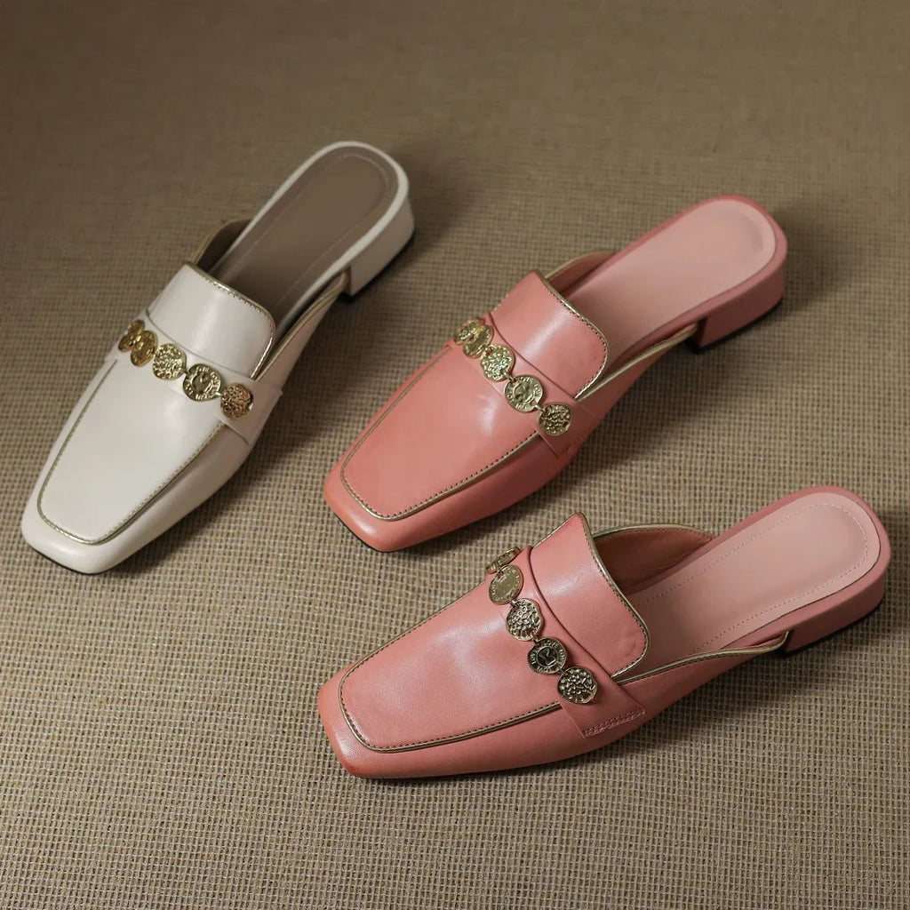 Women's Block Heel Mules with Gold-Tone Medallion Detail