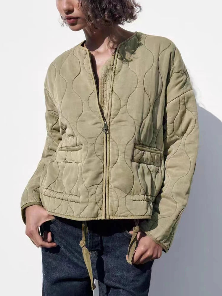 Women's Quilted Oversized Jacket with Front Zip