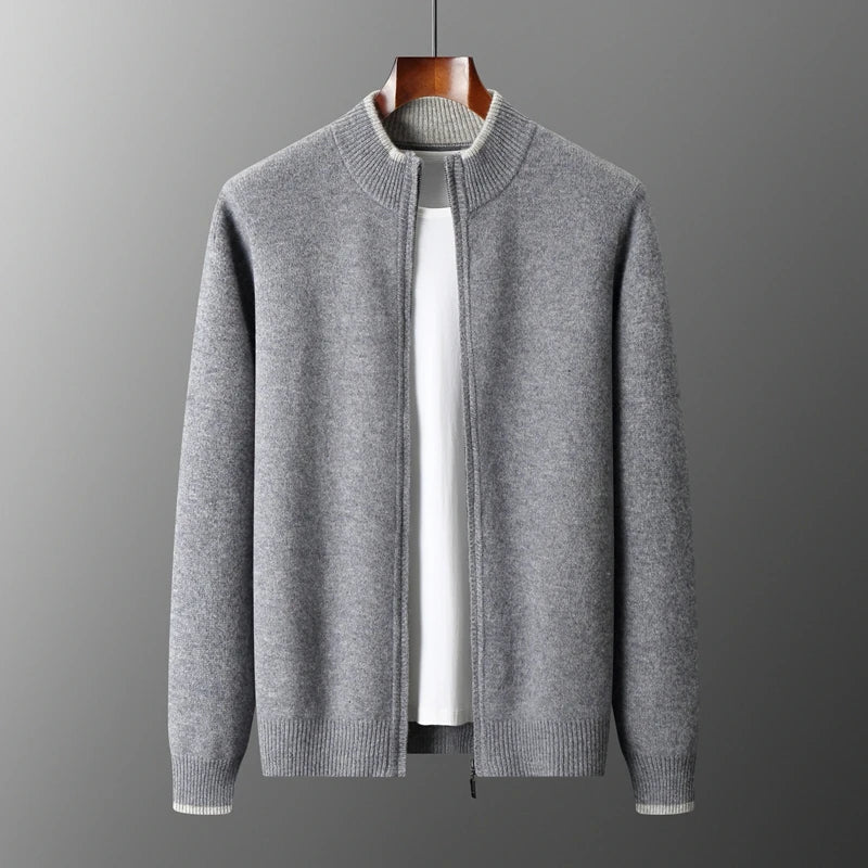 Unisex Knit Zip-Front Bomber Cardigan, Ribbed Collar