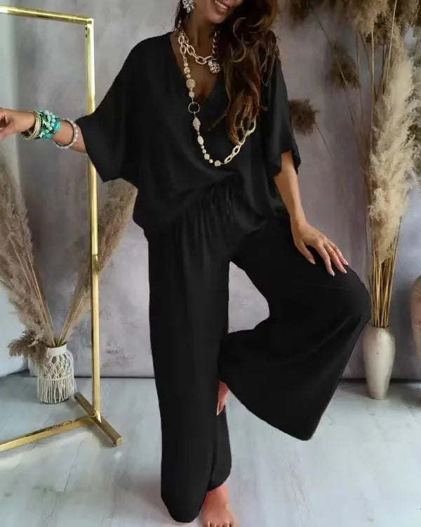 Women's Two-Piece Set with V Neck and Bat Sleeves