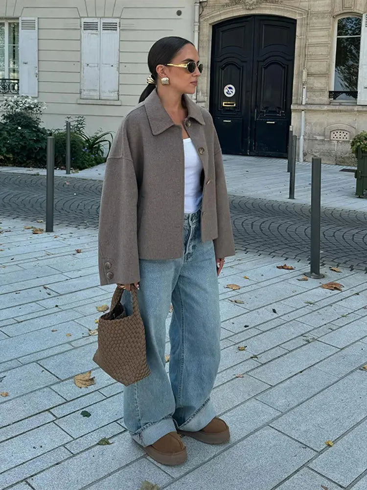 Women's Relaxed Fit Cropped Jacket with Button Front