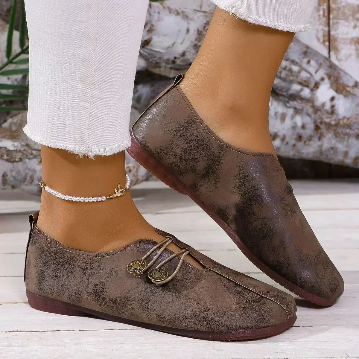 Women's Suede Loafers with Elastic Button Closure and Padded Insole