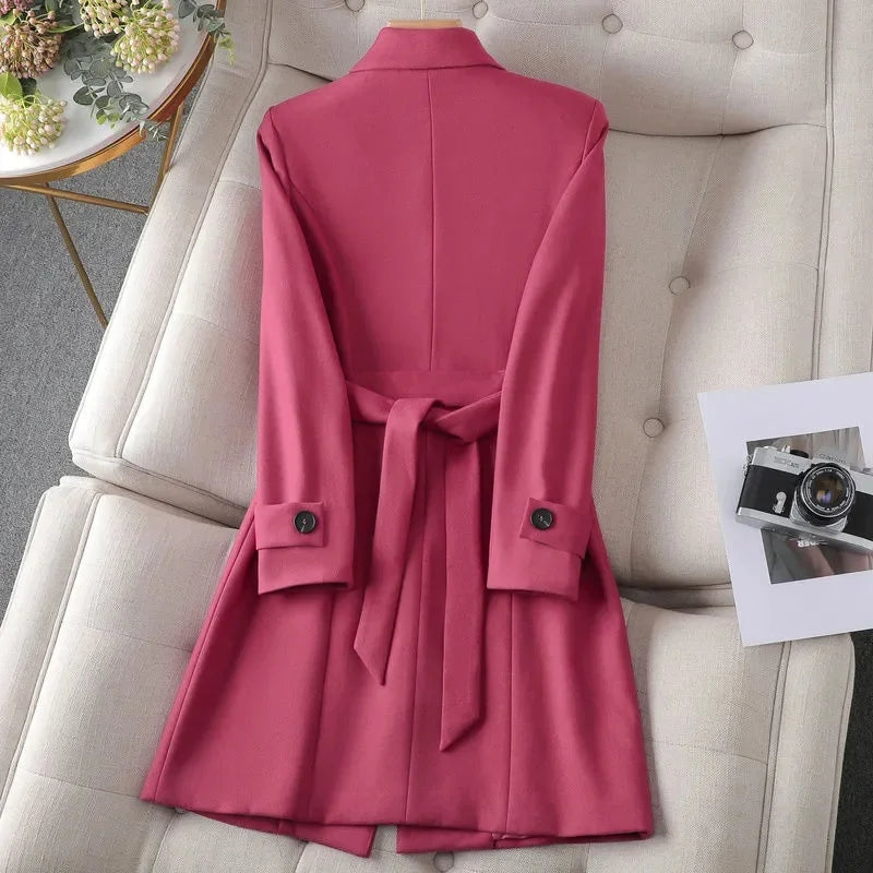 Women's Belted Blazer Coat with Collar and Button Detail