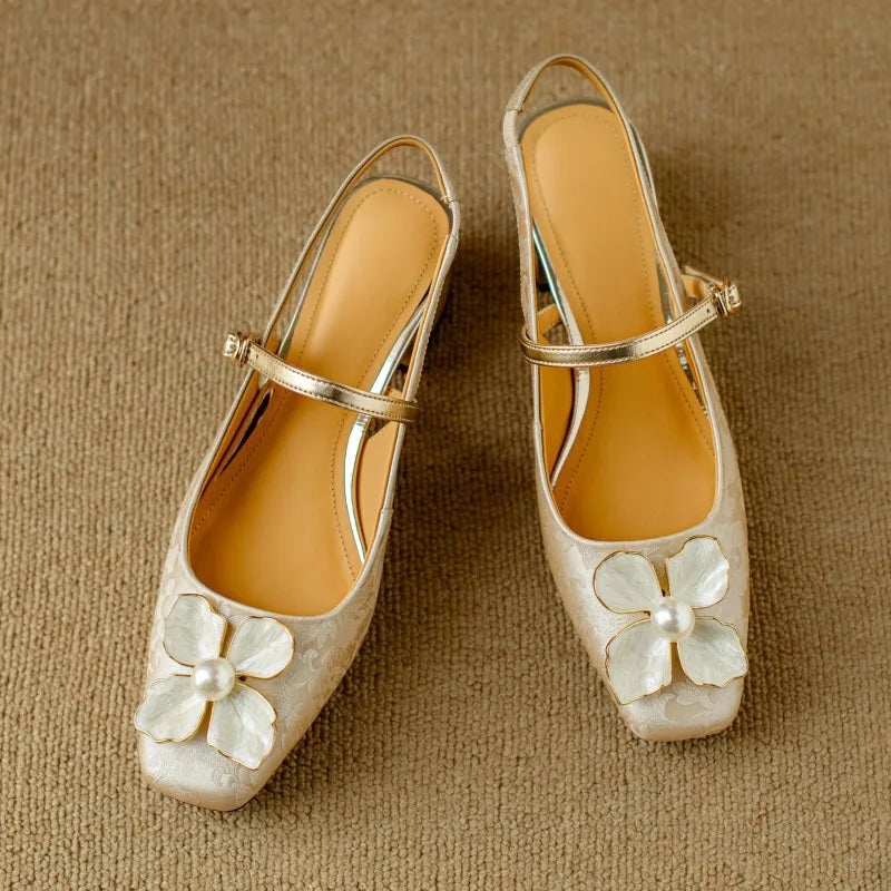 Women's Floral Mary Jane Pumps with Jacquard Upper and Adjustable Strap