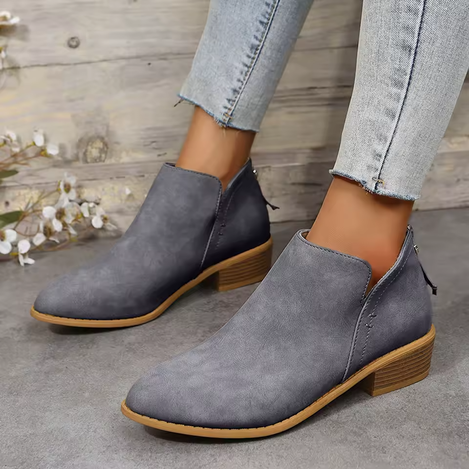 Women's Ankle Boots with Stacked Heel and Side Zipper
