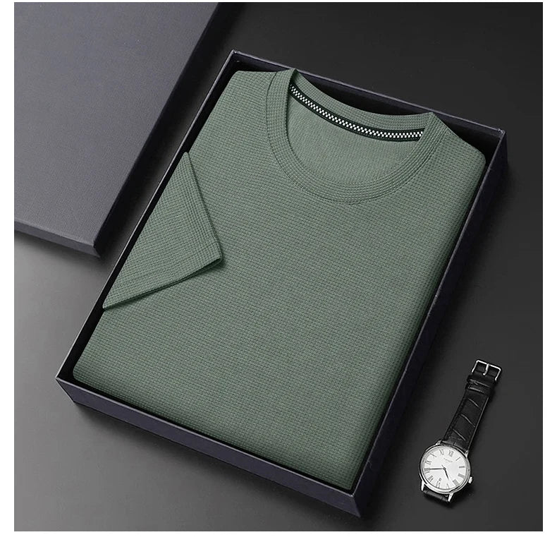 Montarello Men's Waffle-Knit Crew Neck Relaxed Fit Short-Sleeve T-Shirt