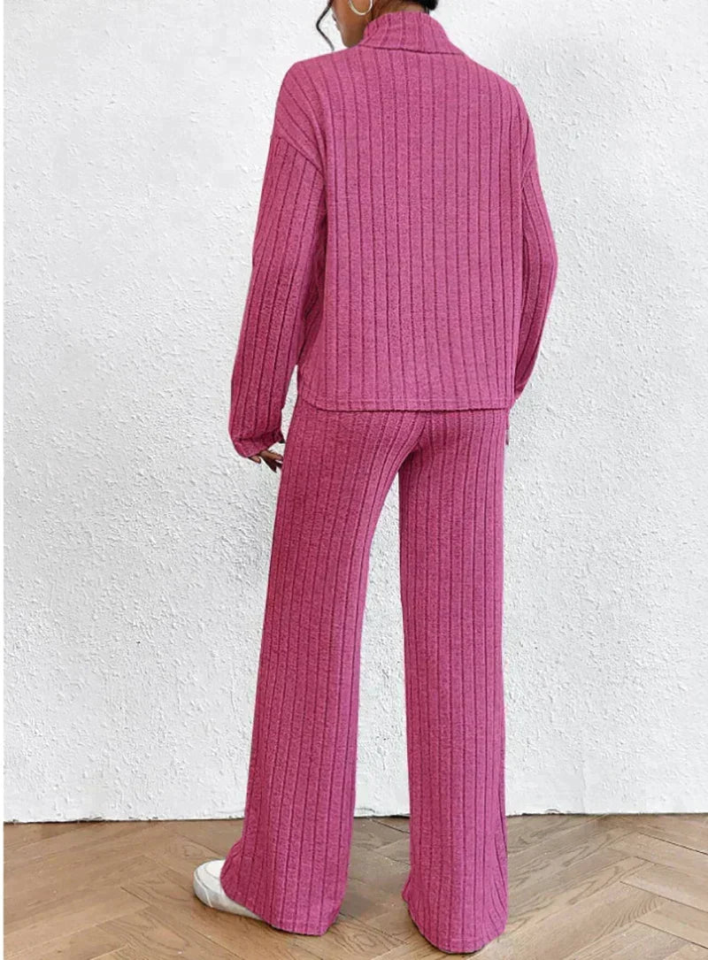 Women's Ribbed Turtleneck Sweater and Wide-Leg Pants Set
