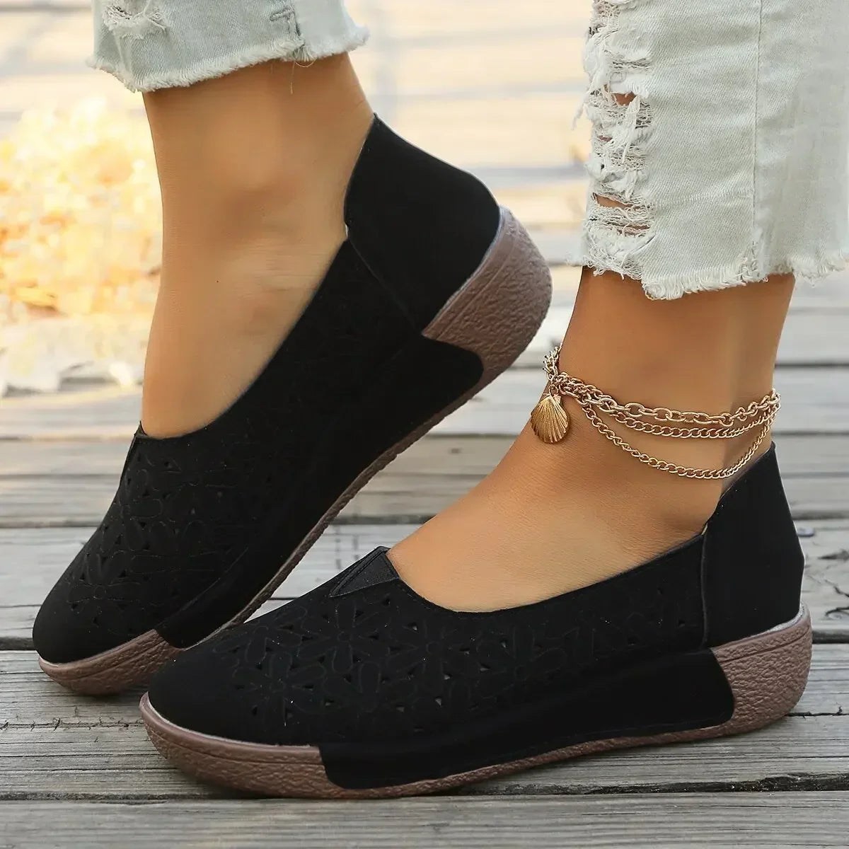 Women's Leather Loafers with Cushioned Wedge Sole and Slip-On Design
