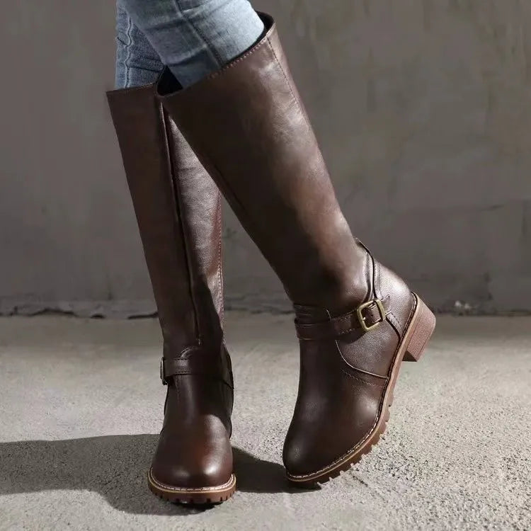 Women's Knee-High Boots with Buckle Strap and Side Zip