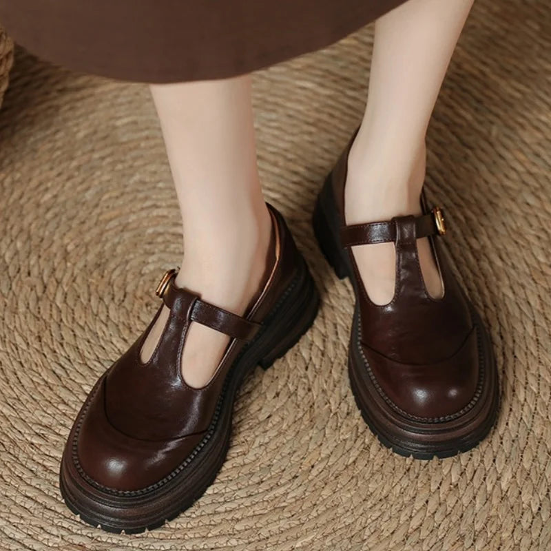 Women's T-Bar Mary Jane Shoes with Brogue Detail and Low Heel
