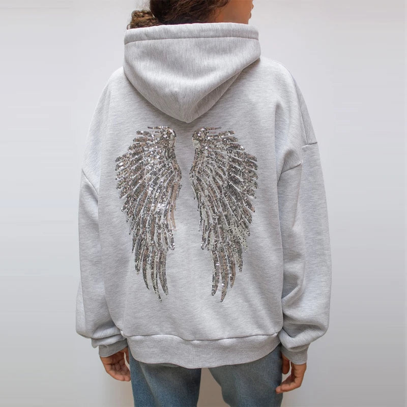 Women's Gray Hoodie with Sequin Wing Back Detail