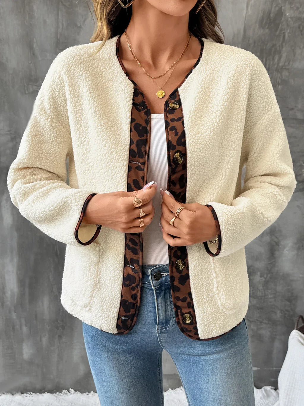 Women's Leopard Trim Teddy Cardigan Collarless