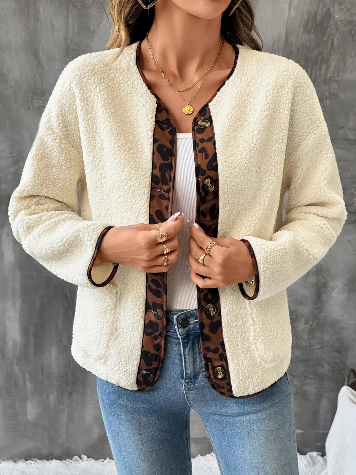 Women's Leopard Trim Teddy Cardigan Collarless